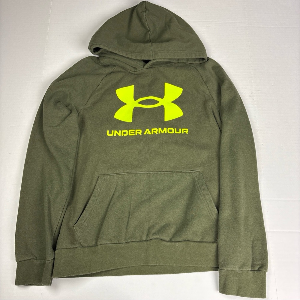 Under Armour Boys Youth Large Hoodie Sweatshirt Army Green Neon Yellow Logo